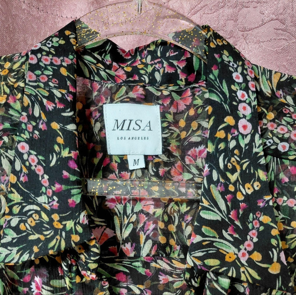 Misa Los Angeles Black Pink Floral Sheer Maxi V Neck Dress Delicate Pretty - Picture 3 of 11